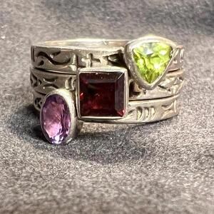 Silpada Sterling Silver Peridot Amethyst Garnet 3 Ring Set (RO455) 7 3/4